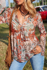Orange Floral Print Deep V Neck Knot Bell Sleeve Blouse Blouses & Shirts JT's Designer Fashion