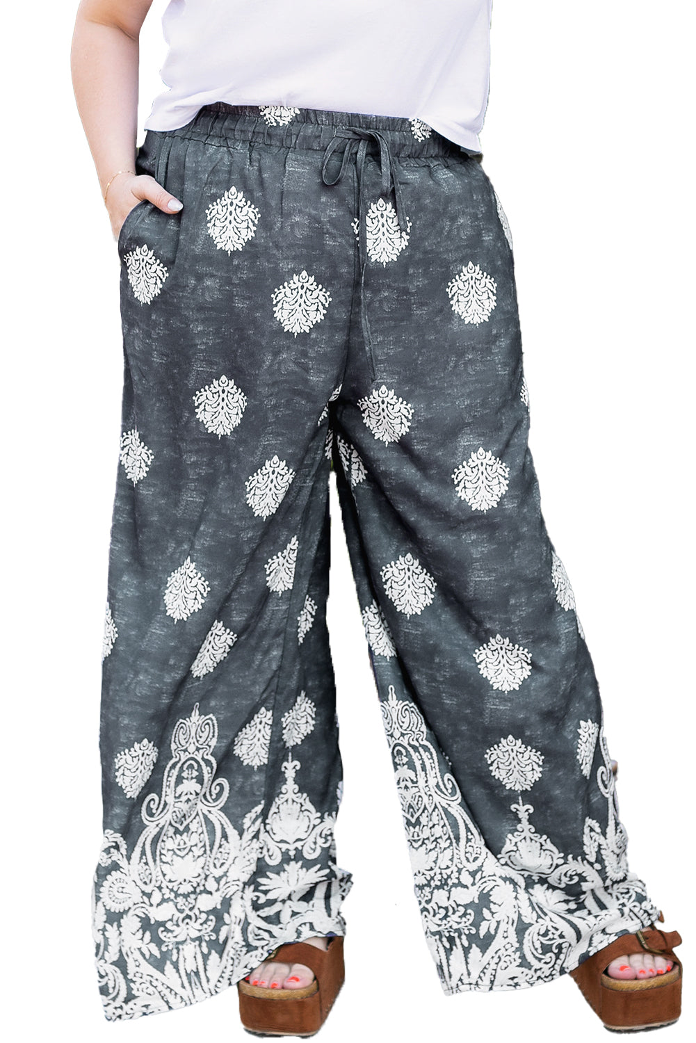 Black Plus Size Geometric Ethnic Print Drawstring Wide Leg Pants Plus Size Bottoms JT's Designer Fashion
