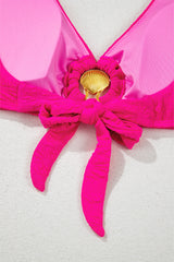 Rose Red Gold Shell Decor Wire-free Knotted 2pcs Bikini Swimsuit High Waisted Swimsuit JT's Designer Fashion