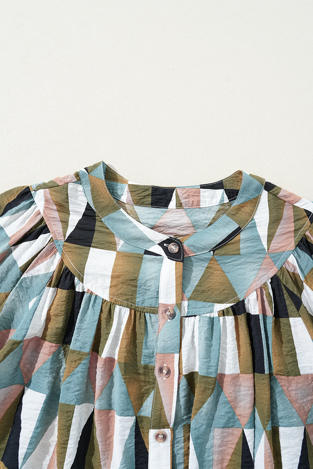 Green Geometric Print Buttoned Balloon Sleeve Loose Fit Shirt Blouses & Shirts JT's Designer Fashion