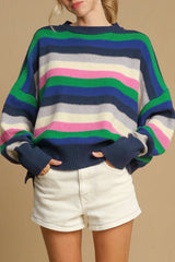 Bright Green Rainbow Striped Crew Neck Drop Shoulder Sweater Bright Green 55%Acrylic+45%Cotton Sweaters JT's Designer Fashion