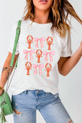 White Crawfish Bow Printed Summer T Shirt Graphic Tees JT's Designer Fashion