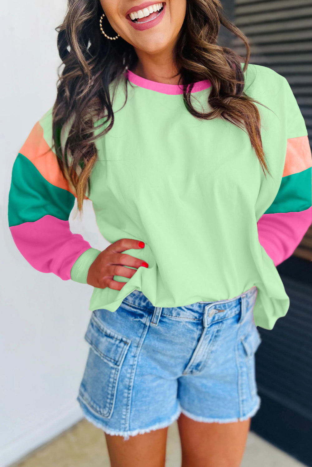 Green Colorblock Patchwork Long Sleeve Loose Top Long Sleeve Tops JT's Designer Fashion