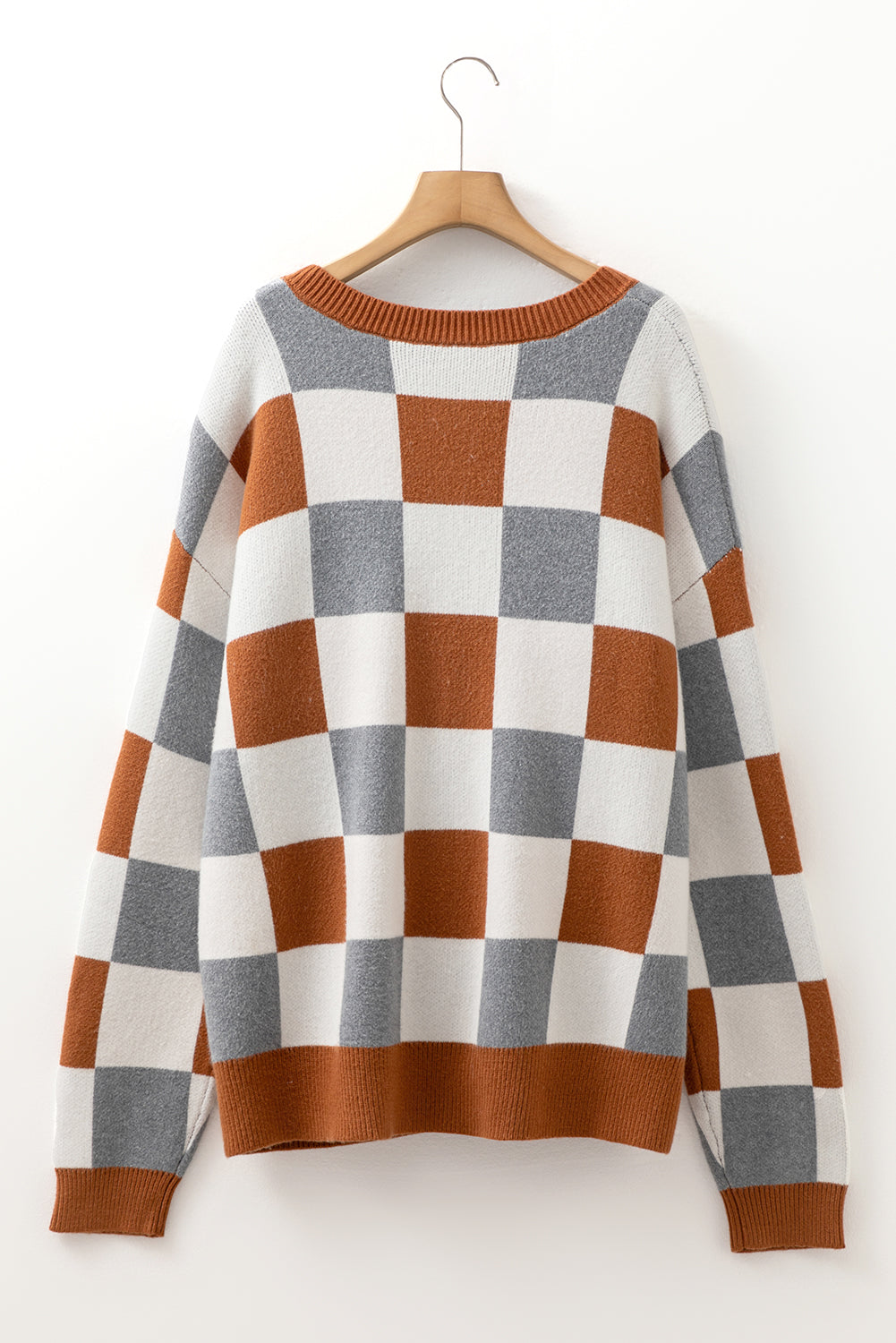 Brown Plus Size Checkered Crewneck Sweater Plus Size Sweaters & Cardigans JT's Designer Fashion