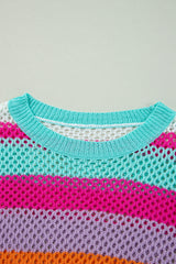 Rose Red Colorblock Patchwork Knit Crochet Eyelet Sweater Sweaters JT's Designer Fashion