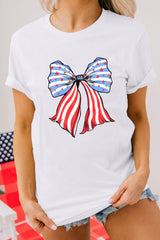 White Stripes and Stars Bowknot Print T Shirt Graphic Tees JT's Designer Fashion
