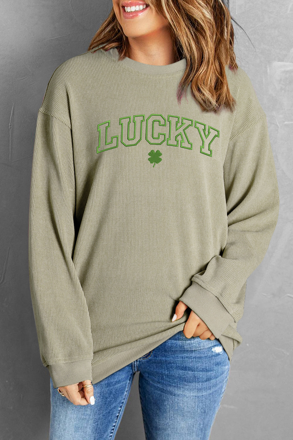 Green LUCKY Clover Embroidered Corded Crewneck Sweatshirt Graphic Sweatshirts JT's Designer Fashion