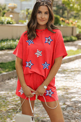 Orange Sequin USA Flag Star Graphic Corded T Shirt and Shorts Set Graphic Sets JT's Designer Fashion
