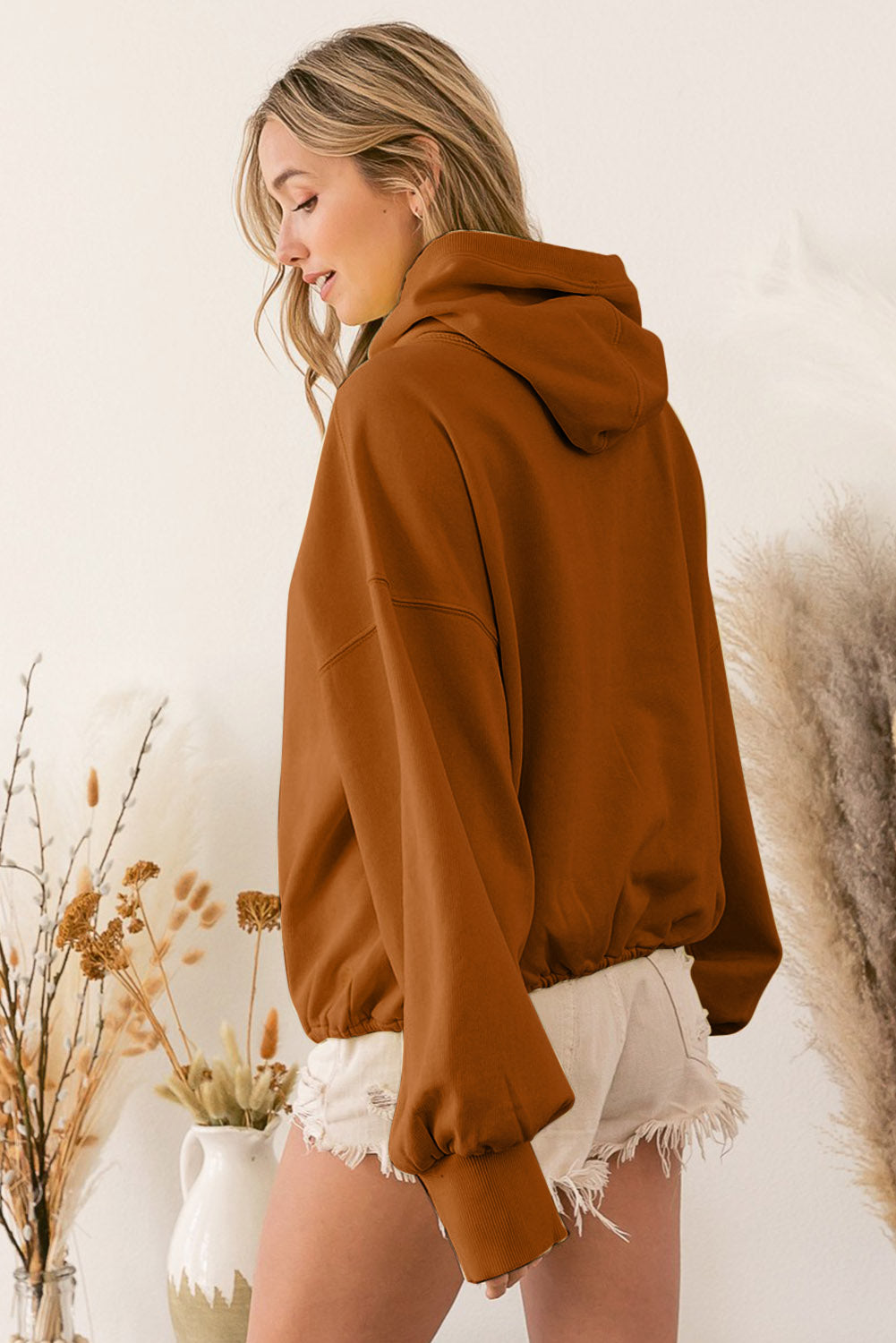 Brown Ribbed Trim Kangaroo Pocket Zipped Hoodie Sweatshirts & Hoodies JT's Designer Fashion