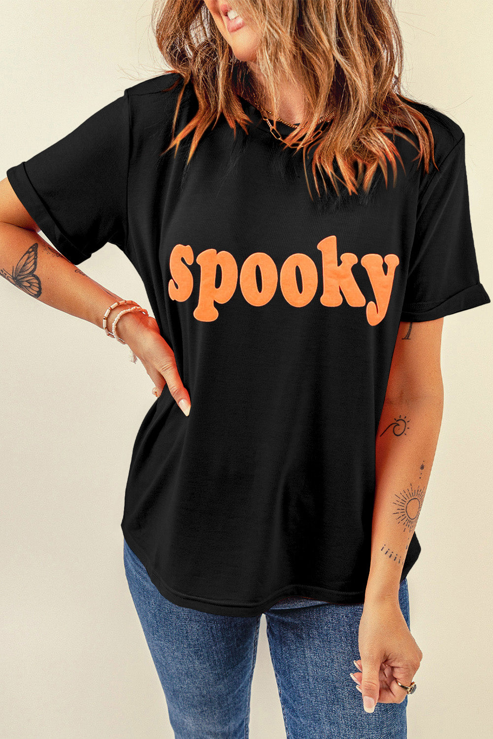 Black Halloween Spooky Crew Neck Casual Graphic Tee Graphic Tees JT's Designer Fashion