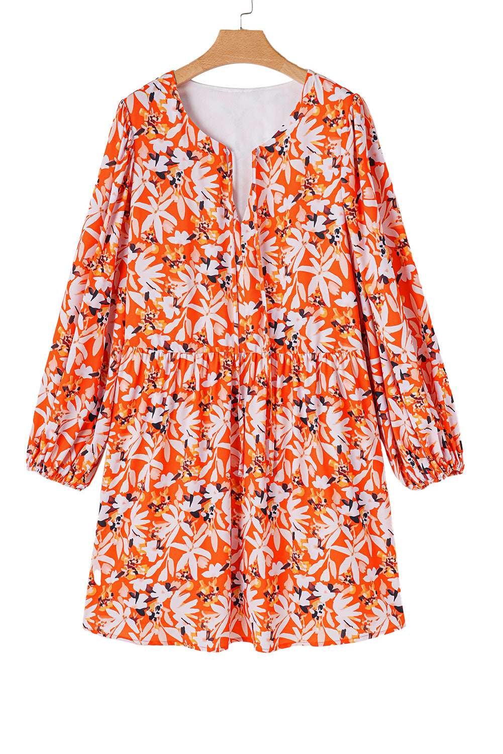 Orange Floral Print Split V Neck Bubble Sleeve Plus Size Midi Dress Plus Size Midi Dresses JT's Designer Fashion