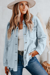 Sky Blue Flap Pocket Buttoned Raw Hem Denim Jacket Denim Jackets JT's Designer Fashion
