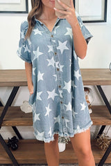 Sky Blue Star Print Frayed Buttoned Shift Denim Mini Dress Dresses JT's Designer Fashion