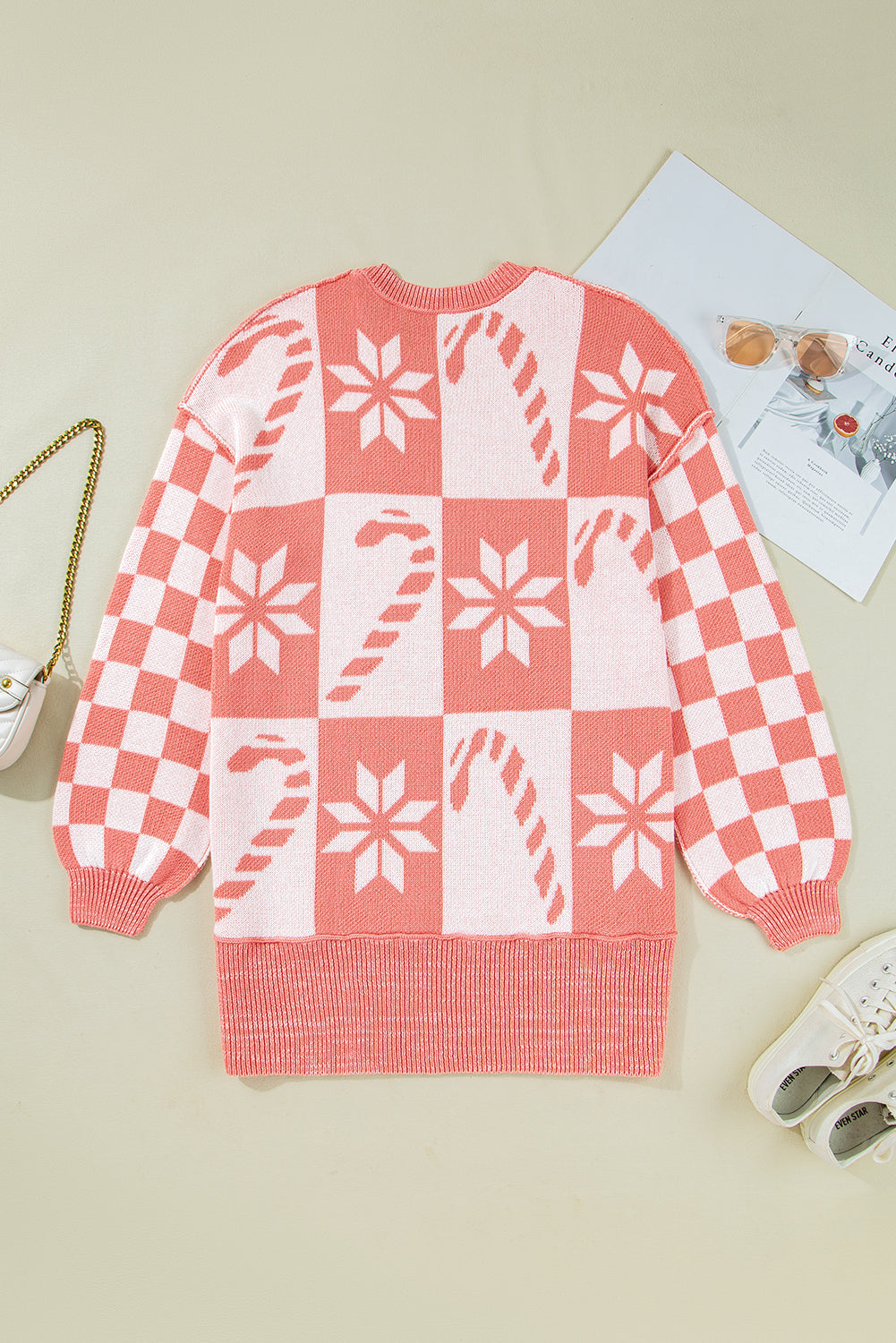 Pink Candycane Snowflake Checker Christmas Holiday Drop Shoulder Tunic Loose Sweater Sweaters JT's Designer Fashion