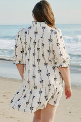 Apricot Bow Printed Puff Sleeve Ruffled Plus Size Mini Dress Plus Size Mini Dresses JT's Designer Fashion