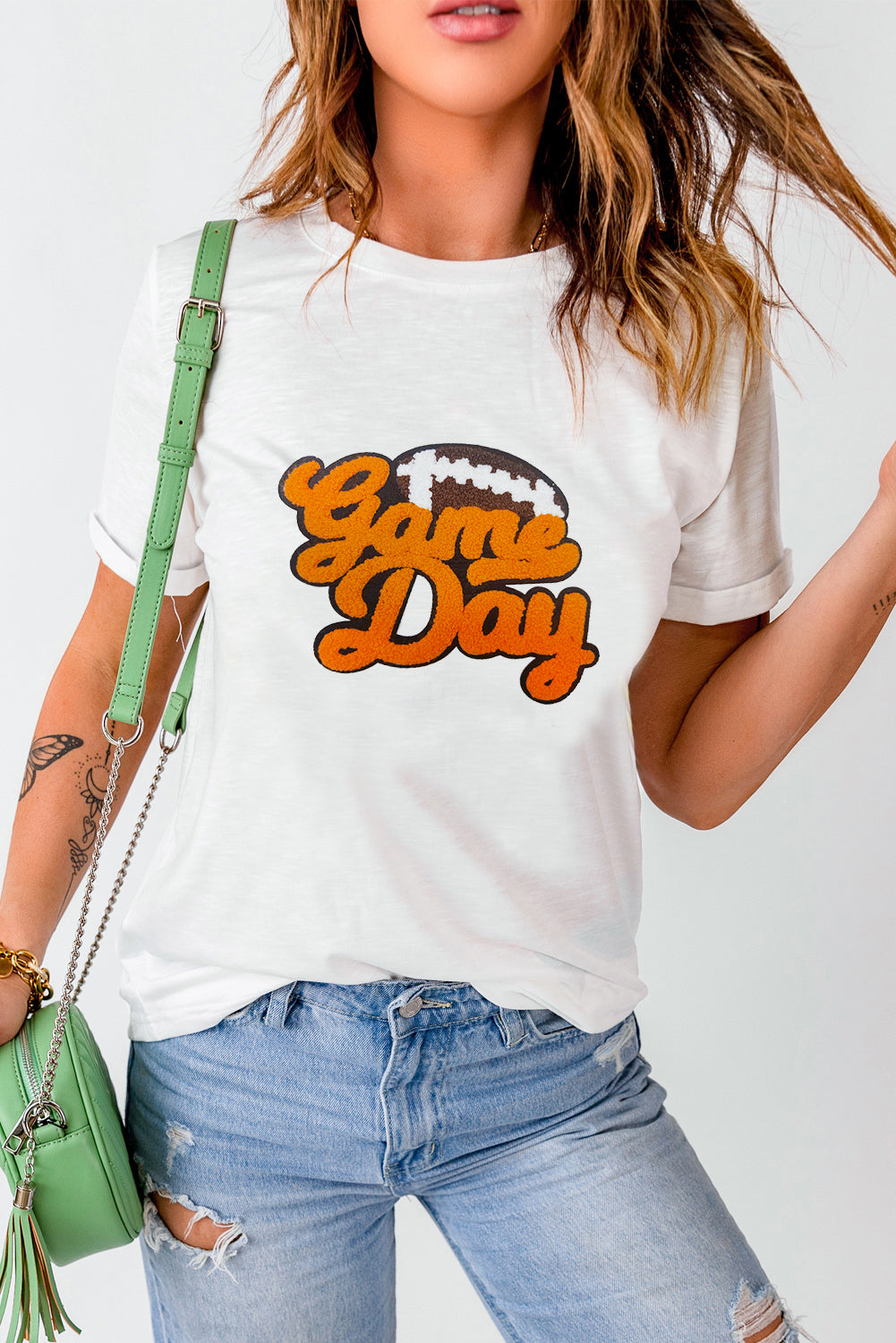 White Chenille Game Day Rugby Football Pattern Crewneck T Shirt Graphic Tees JT's Designer Fashion