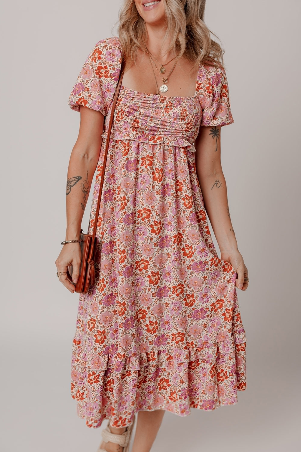 Pink Floral Square Neck Knotted Ruffle Midi Dress Pink 100%Polyester Floral Dresses JT's Designer Fashion