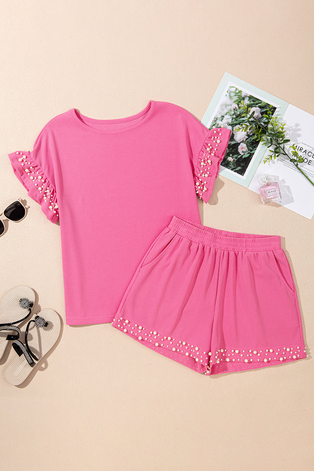 Bright Pink Textured Pearled Ruffle Sleeve Top 2 Piece Shorts Set Short Sets JT's Designer Fashion
