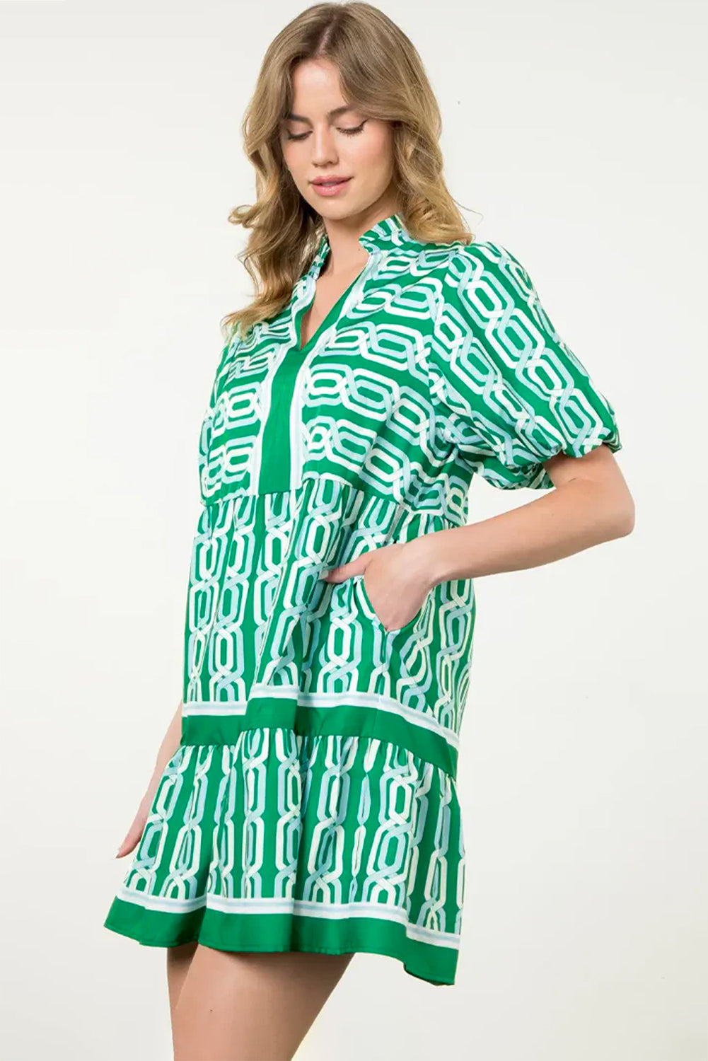Bright Green Abstract Patterned V Neck Puff Short Sleeve Mini Dress Mini Dresses JT's Designer Fashion