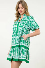 Bright Green Abstract Patterned V Neck Puff Short Sleeve Mini Dress Mini Dresses JT's Designer Fashion