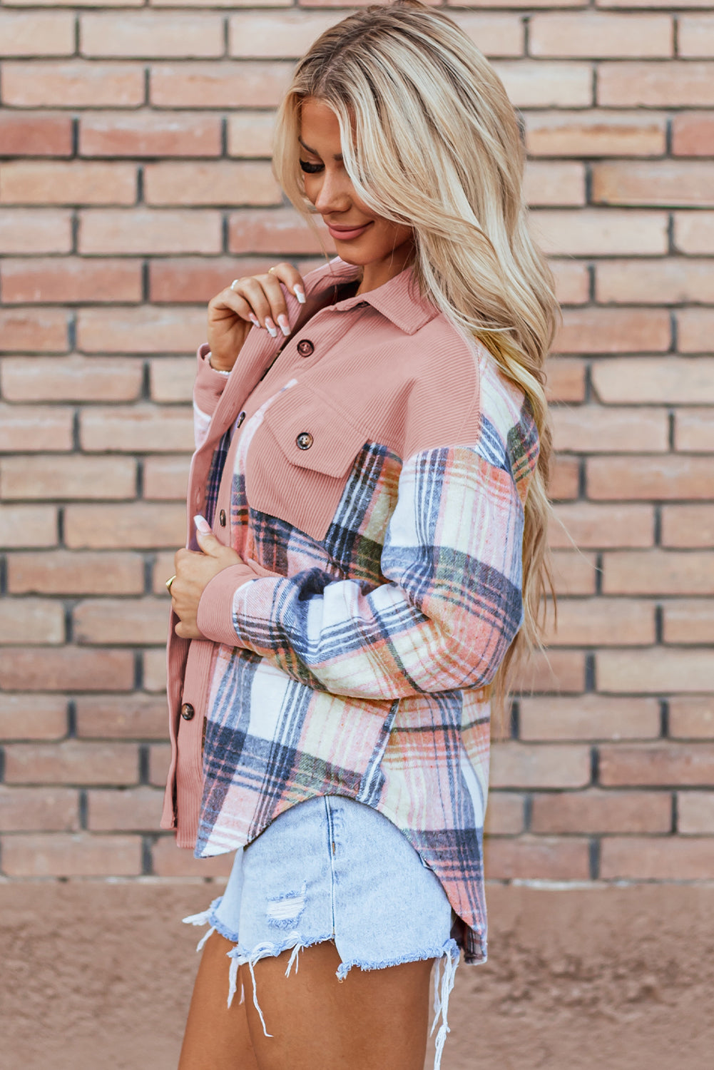 Light Pink Plaid Corduroy Patchwork Chest Pocket Shacket Plaid Shackets JT's Designer Fashion