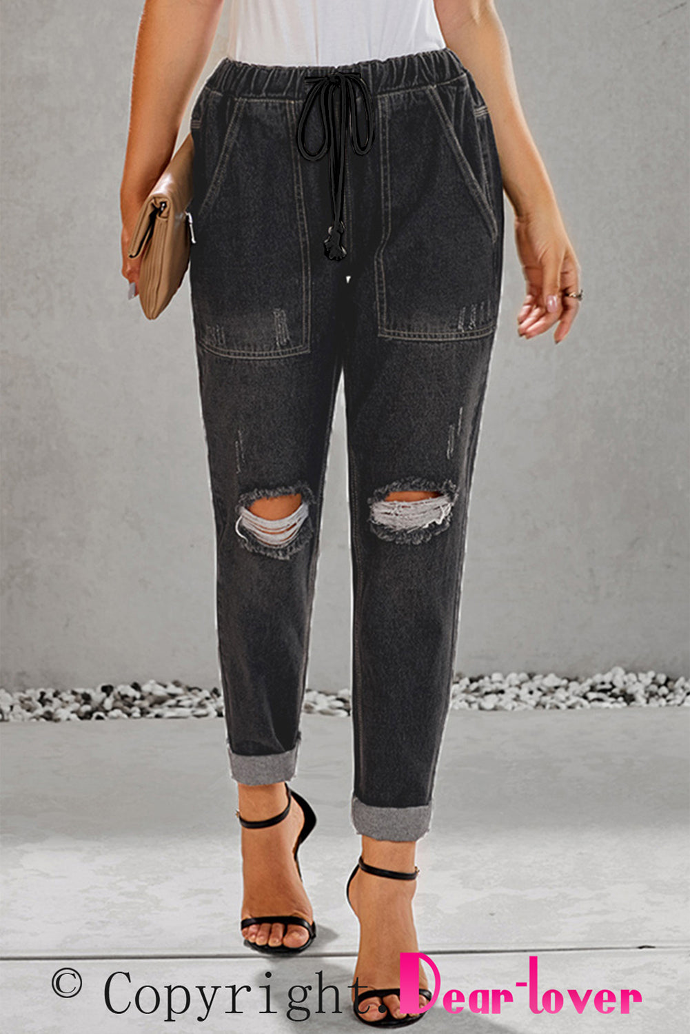 Black Gather Round Distressed Pocketed Denim Jogger Jeans JT's Designer Fashion