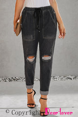 Black Gather Round Distressed Pocketed Denim Jogger Jeans JT's Designer Fashion