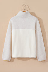 Beige Fleece Colorblock Trim Buttons Collar Sweatshirt with Pocket Sweatshirts & Hoodies JT's Designer Fashion