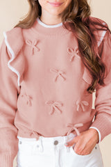 Light Pink Ruffled Bowknot Ribbed Trim Long Sleeve Sweater Light Pink 50%Viscose+28%Polyester+22%Polyamide Sweaters JT's Designer Fashion