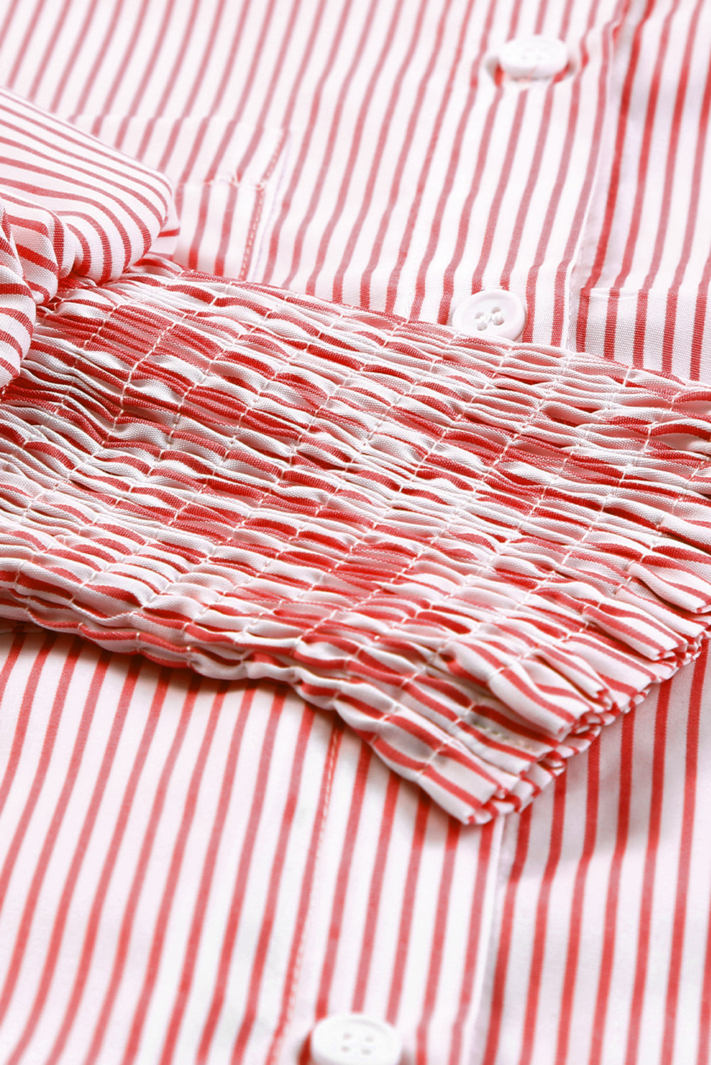 Red Stripe Smocked Cuffed Striped Boyfriend Shirt with Pocket Blouses & Shirts JT's Designer Fashion