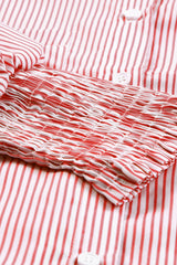 Red Stripe Smocked Cuffed Striped Boyfriend Shirt with Pocket Blouses & Shirts JT's Designer Fashion