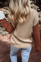 Khaki Mix Textured Knit Colorblock Patchwork Sweater Sweaters JT's Designer Fashion