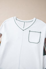 White Striped Patchwork Exposed Seam Waffle Knit Top Long Sleeve Tops JT's Designer Fashion