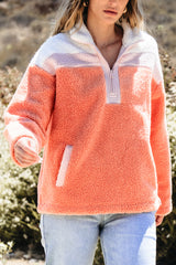 Orange Colorblock Half Zipper Stand Neck Sherpa Sweatshirt Sweatshirts & Hoodies JT's Designer Fashion