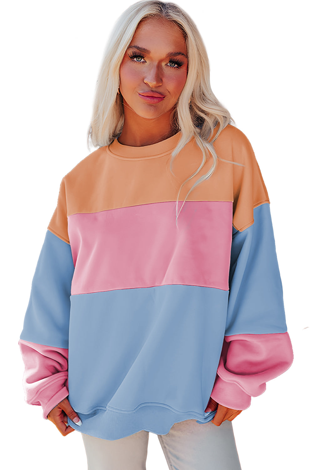 Sky Blue Colorblock Patchwork Drop Shoulder Sweatshirt Sweatshirts & Hoodies JT's Designer Fashion