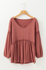 Mineral Red Solid Color Textured Frilled Trim V Neck Puff Sleeve Blouse Blouses & Shirts JT's Designer Fashion