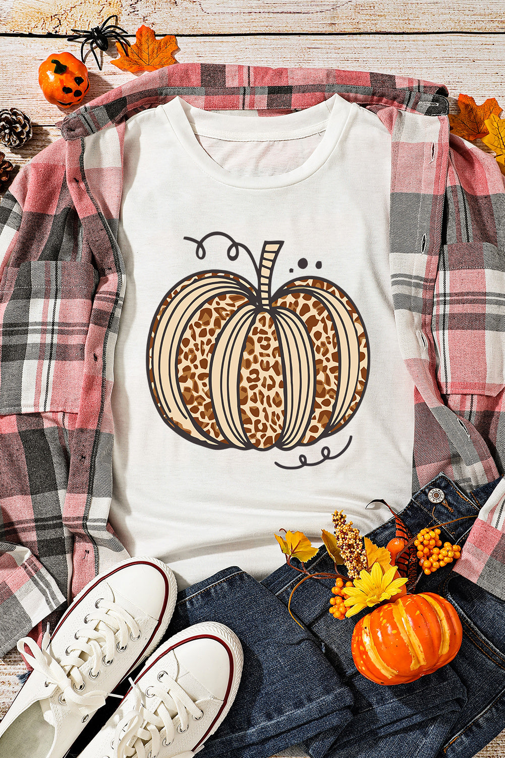 White Leopard Pumpkin Graphic Crewneck Halloween T Shirt Graphic Tees JT's Designer Fashion