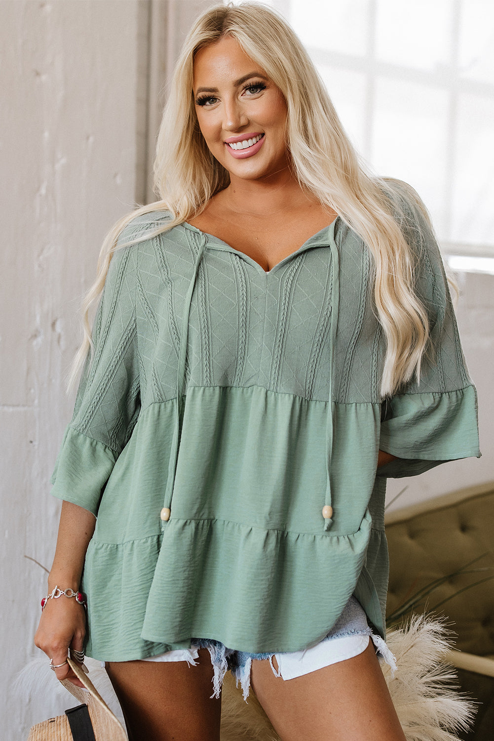 Laurel Green Tie Split Neck Textured Ruffle Patchwork Blouse Laurel Green 97%Polyester+3%Elastane Blouses & Shirts JT's Designer Fashion