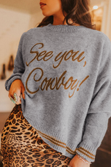 Light Grey See You Cowboy Embroidered Western Graphic Sweater Sweaters JT's Designer Fashion