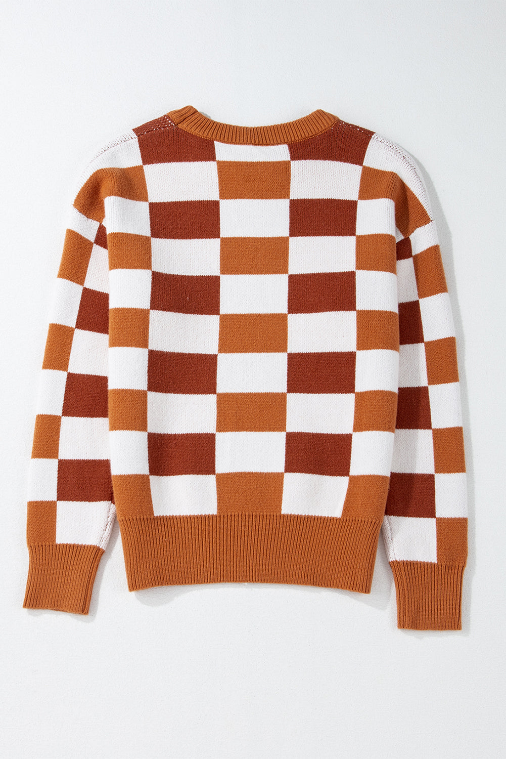 Orange Checkered Ribbed Edge O Neck Drop Shoulder Sweater Sweaters JT's Designer Fashion