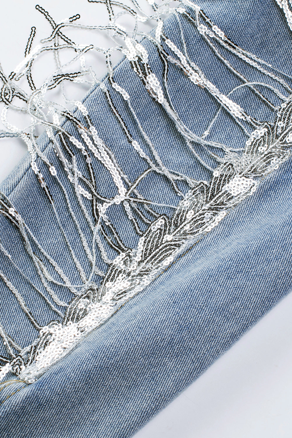 Sky Blue Sequin Embellished Fringe Distressed Denim Jacket Denim Jackets JT's Designer Fashion