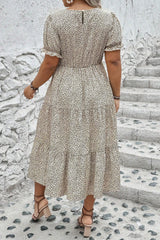 Beige Plus Size Leopard Print Frill Trim Short Sleeve Flared Dress Plus Size Midi Dresses JT's Designer Fashion