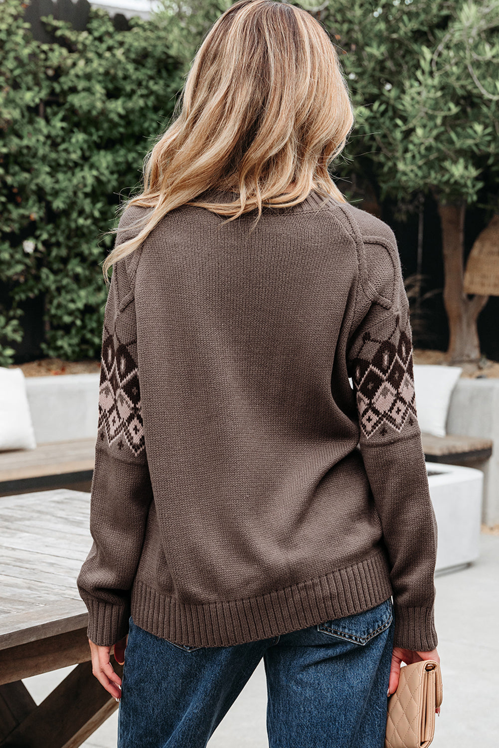 Light French Beige Western Geometric Patterned Crew Neck Knitted Sweater Sweaters JT's Designer Fashion