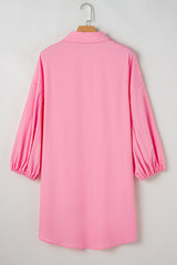 Bright Pink Balloon Sleeve Button Up Mini Shirt Dress Mini Dresses JT's Designer Fashion