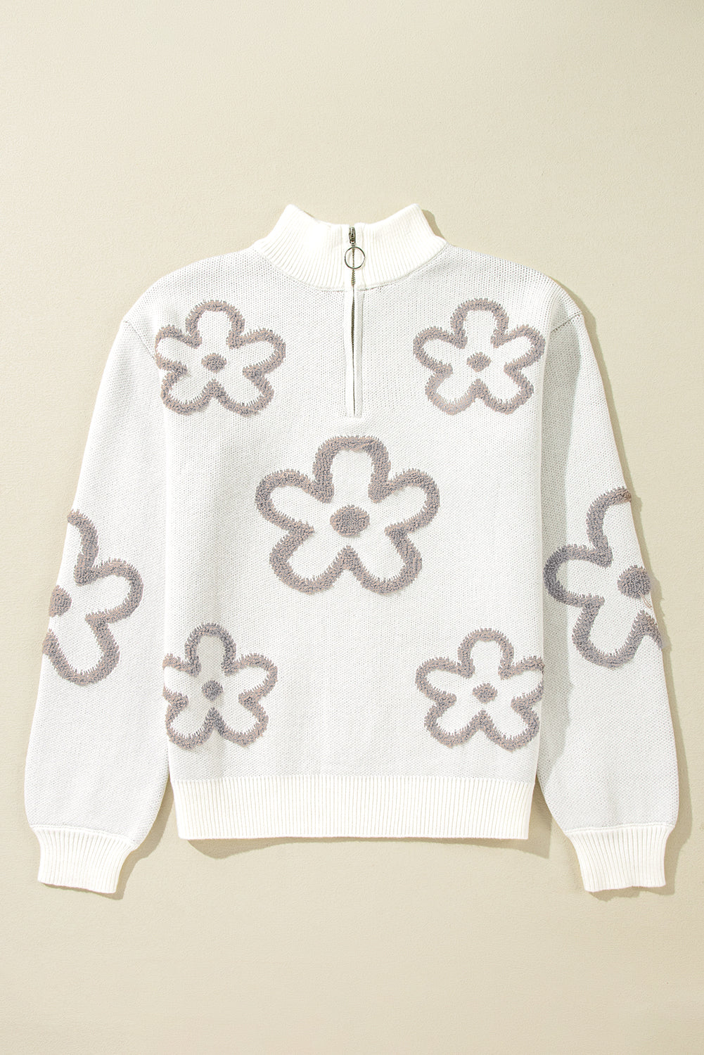 White Contrast Flower Half Zipper Stand Neck Sweater Sweaters JT's Designer Fashion