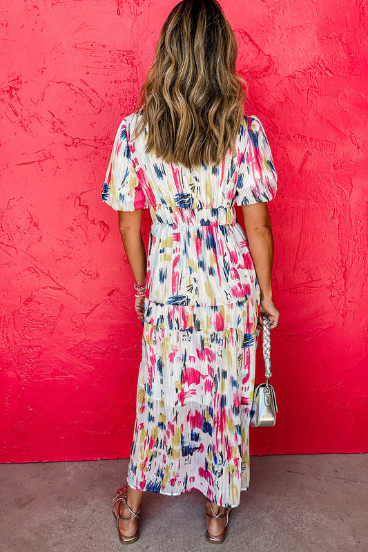 Rose Abstract Print Short Puff Sleeve Tiered Long Dress Maxi Dresses JT's Designer Fashion
