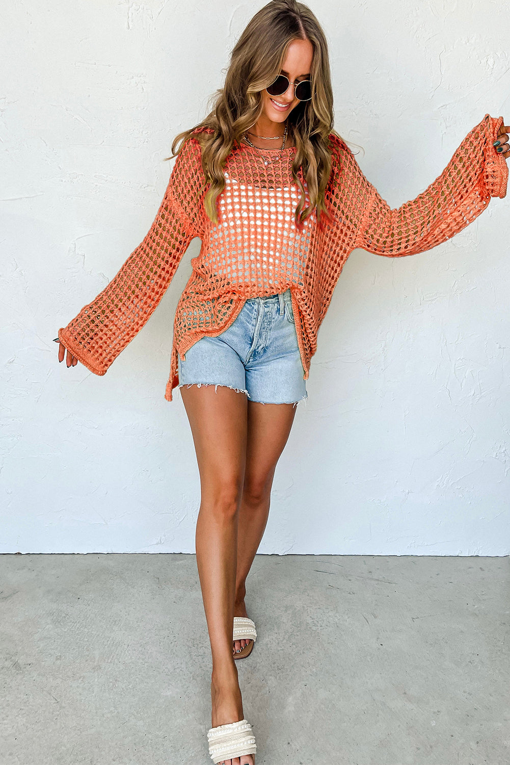 Orange Open Knit Crochet Bell Sleeve Tunic Sweater Sweaters & Cardigans JT's Designer Fashion