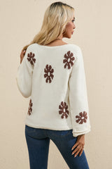 White Colorblock Floral Pattern Round Neck Sweater Sweaters JT's Designer Fashion