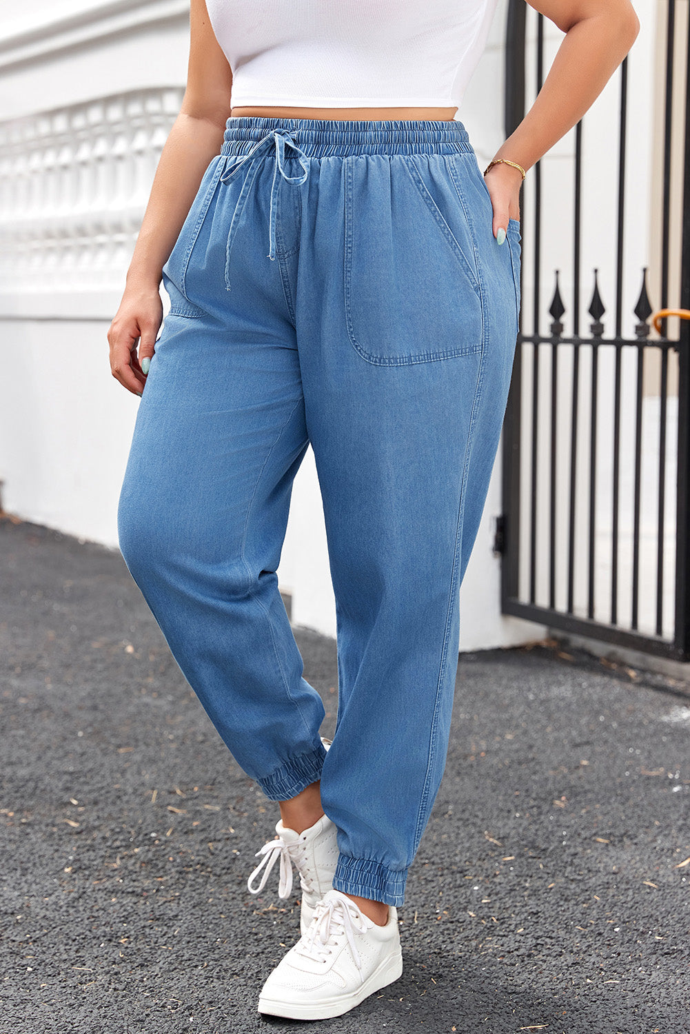 Dusk Blue Drawstring Waist Pocketed Plus Size Denim Joggers Plus Size Bottoms JT's Designer Fashion