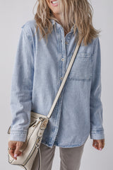 Beau Blue Long Sleeve Buttoned Chest Pocket Denim Shacket Beau Blue 75%Cotton+25%Polyester Denim Jackets JT's Designer Fashion